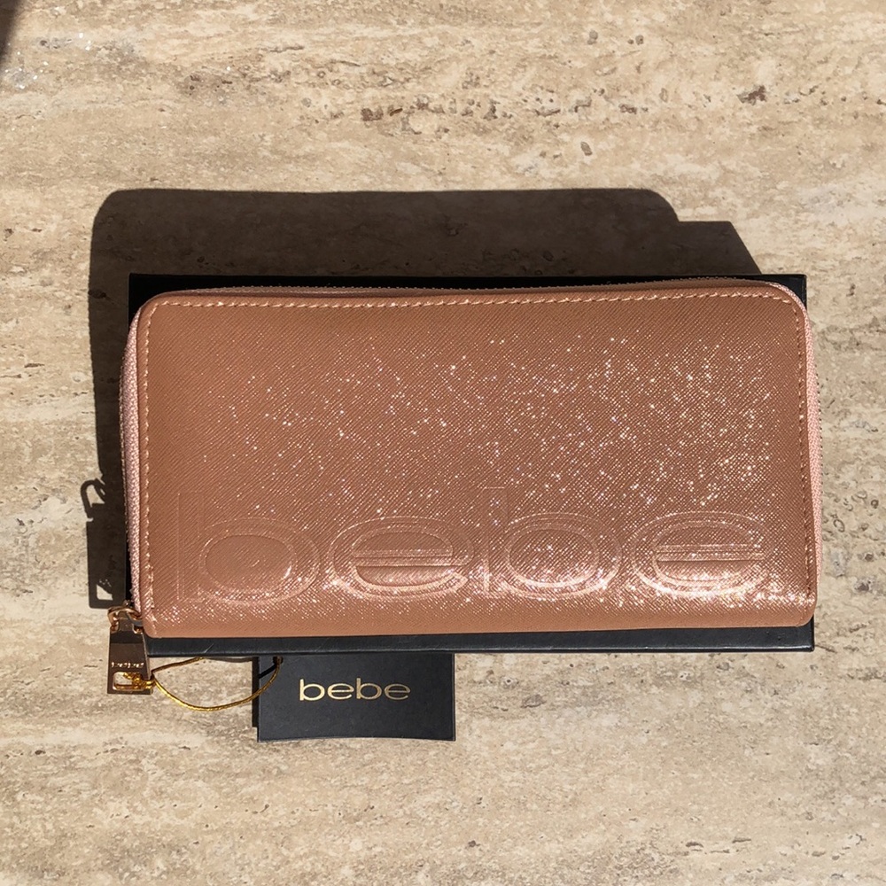 BEBE Rose Gold Sparkle Faux Leather Wristlet / Clutch / Wallet 8"x 4" - Picture 1 of 12